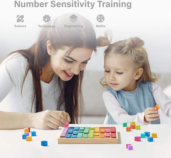 ROBUD Wooden Multiplication & Math Table Board Game, Kids Montessori Math Manipulatives Learning Toys Gift, Aged 3 Years Old and Up - 100 Wooden Counting Blocks