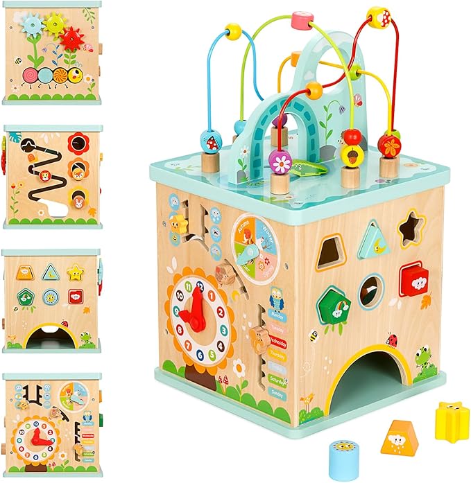 All-in-one Activity Center, 5 in 1 Baby Activity Table with Gear Game, Kids Sensory Table Play Cube with Montessori Calendar, Bead Maze, Shape Sorter, Ball Drop and More
