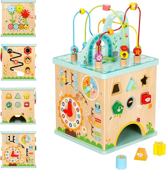 All-in-one Activity Center, 5 in 1 Baby Activity Table with Gear Game, Kids Sensory Table Play Cube with Montessori Calendar, Bead Maze, Shape Sorter, Ball Drop and More