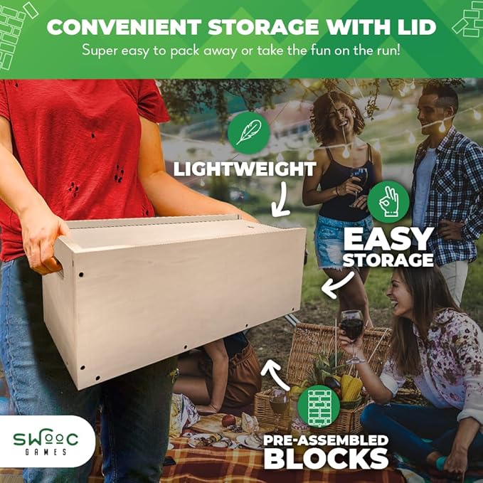 SWOOC Games® - Giant Tower Game with 3-in-1 Straightener, Table & Storage Box - 90% Faster Set Up with Transforming Box & Straightener - Starts at 2-4ft - Grows to Over 6ft - Large Outdoor Yard Games