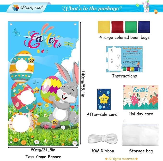 Easter Games, Funny Bunny & Egg Toss Game, with 4 Bean Bags, Premium Banner and Accessories, Easter Party Games for Kids Adults Family Outdoor, Party Activities Supplies