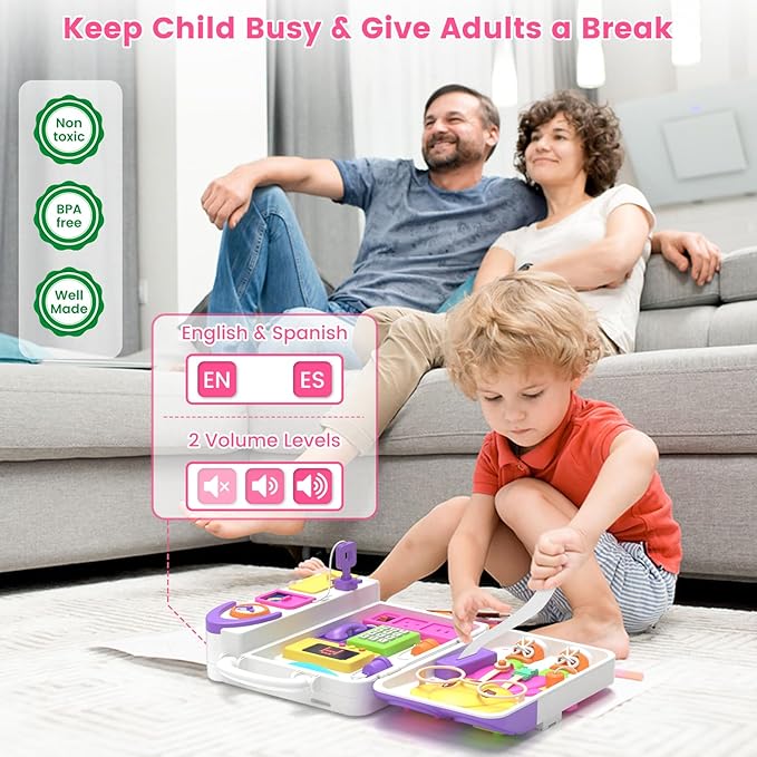 Montessori Busy Board for 1 Year Old Boy Girl, Musical Baby Toys 12-18 Months, Bilingual Learning Educational Toddlers Toys for 1-2 Year Old Birthday Gifts