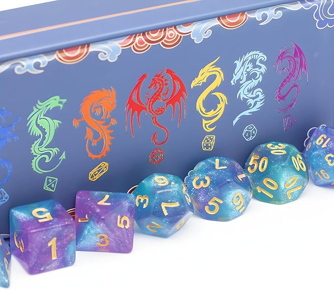 DND Dice Set with Dragon Totem Metal Gife Case, Dungeons and Dragons Dice Set,Polyhedral Dice Set Filled with Shiny Glitters,Role Playing Games and Tabletop Games (Blue&Pink)