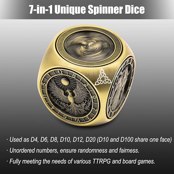 DND Spinner Dice, 7 in 1 Unique Metal Dice Set with 3D Relief for Dungeons and Dragons Gifts, Cool Polyhedral Role Playing Game Dice, Fantasy D&D Tabletop RPG Accessories for DM & Player (Bronze)