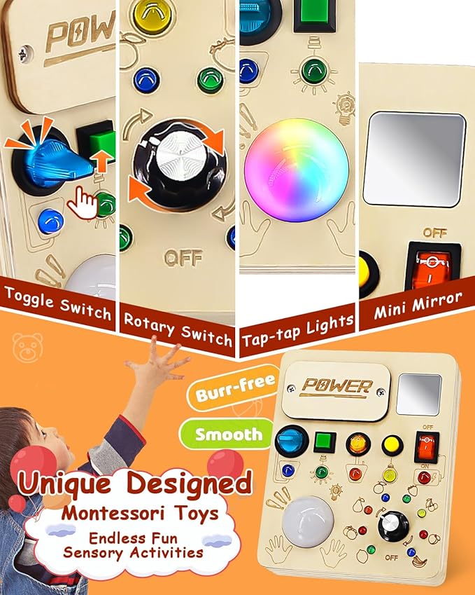 Busy Board Montessori Toy for Toddler, Wooden Sensory Activity Board with LED Light UP Switch, Baby Fidget Board Travel Toys for 18+ Months, 1 2 3 Year Old Boys Girls Toddler Toys Gifts