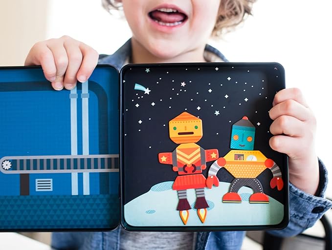 Petit Collage Magnetic Play Set, Robot Remix – Mix & Match Magnetic Game Board, Ideal for Ages 3+ – Includes 2 Magnetic Scenes and over 25 Magnet Pieces, Ideal Travel Activity for Kids