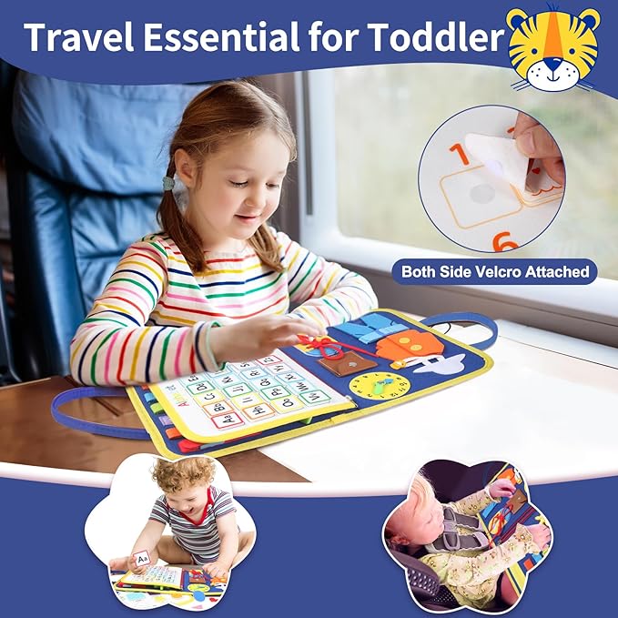 Busy Board for 1 2 3 4 Year Old Toddlers - Preschool Learning Activities Busy Book, Montessori Toys for Fine Motor Skills, Airplane Car Travel Essentials for Kids Boys Girls (Blue)