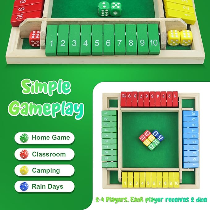 Shut The Box Game, Shut The Box Game Wooden, 2-4 Player Family Wooden Board Table Math Games for Adults and Kids, Board Games, Family Games, 8 Dices Classics Tabletop Games for Classroom, Home, Party