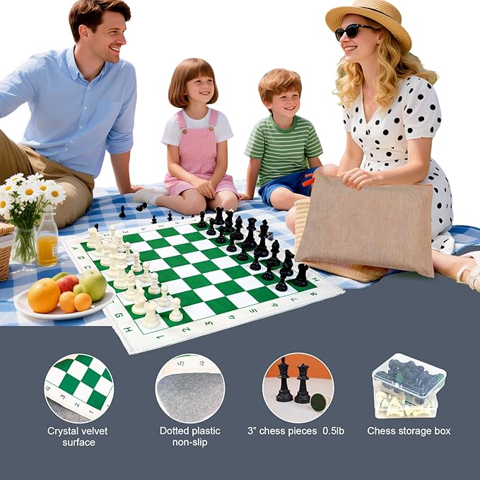 Professional Tournament Chess Set with Red and White Board 19.7 * 19.7, Green and White Pieces, Standard Size, Classic Strategy Game
