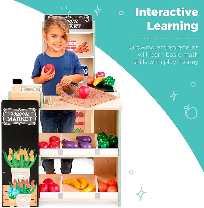 Best Choice Products Pretend Play Grocery Store Wooden Supermarket Toy Set for Kids w/Play Food, Chalkboard, Cash Register, Working Conveyor - Natural