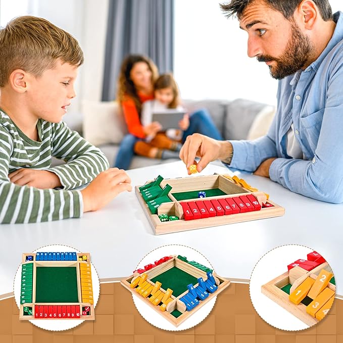 1-4 Players Shut The Box Dice Game, 10 Numbers Traditional Wooden Pub Bar Board Family Table Mat Game Dice for Kids and Adults
