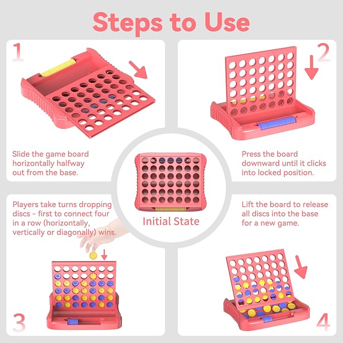 Pup Go 4 in a Row Game, Connect & Win Four in a Row Board Game, Portable 2-Player Strategy Games for Travel, Gift for Girl Age 3 4 5 6 7 8-12, Family Games Foldable Design with 6 Spare Discs Pink