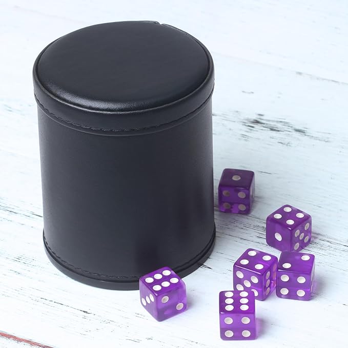 PU Leather Dice Cup Set, Purple Velvet Interior Dice Cup Shaker Quiet with 6 Purple Translucent Dice for Liars Dice/Farkle/Yahtzee Games, 1 Pack