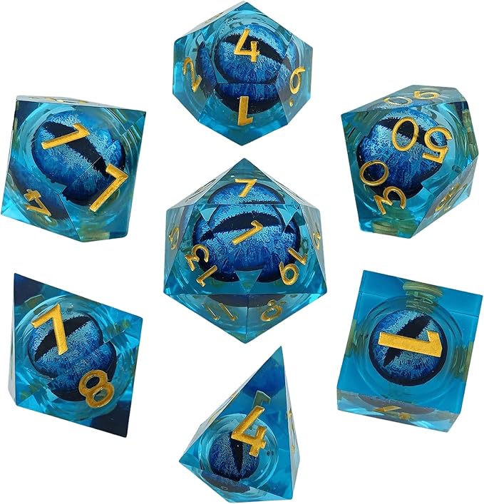 Futhark: Blue Dragon Eyes DND Dice – Polyhedral Resin Dice for Dungeons & Dragons, RPGs, and Board Games – 7 Piece Sharp Edge DND Dice Set with Moving Eyes