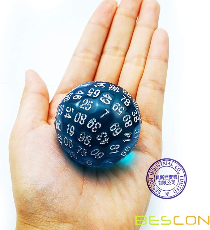 Bescon Translucent Blue Polyhedral Dice 100 Sides, D100 dice, 100 Sided Cube, Transparent D100 Game Dice