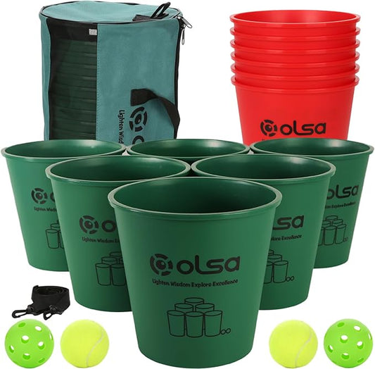 Olsa Giant Yard Pong Outdoor Games, Toss Family Games with 12 Buckets, Balls & Strength Carrying Bag for Beach Camping Lawn Backyard, Outdoor Games for Adults and Family (Green&Red)
