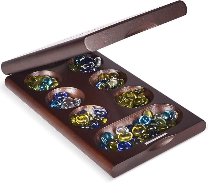 VAMSLOVE Wooden Mancala Board Game with Magnetic Lock / 48+8 Extra Multi Color Glass Stones, Folding Mancala Set for 2 Player, 6 Age and Up (Instructions Included)