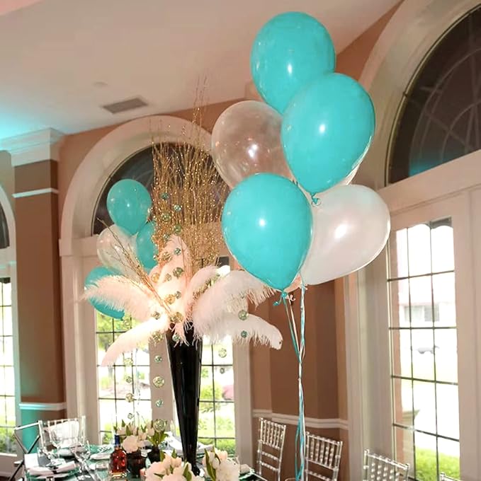 Teal Blue White Balloons, 50Pcs Turquoise Blue White Silver Confetti Latex Balloons for Wedding Bridal Baby Shower Birthday Graduation Party Decorations
