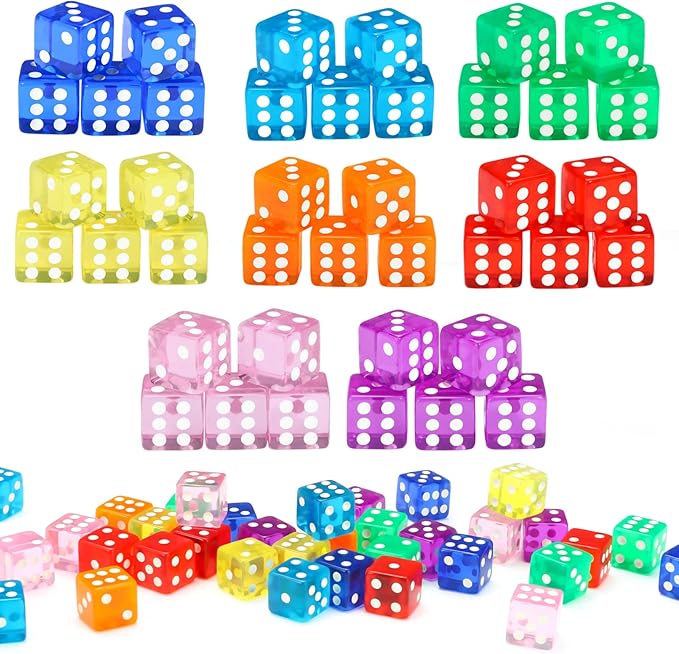 40pcs 6-Sided Game Dice Set Standard Game Dice for Broad Game Math Teaching Translucent Acrylic Game Dice with 8 Colors (5pcs/Set)