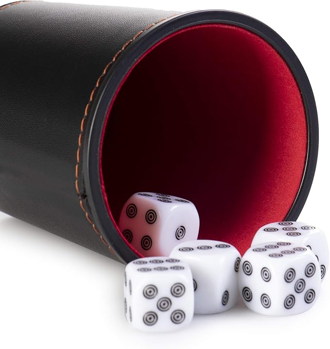 5 Leather Dice Cups and 25 Bullseye Dice by Bullseye Game Night | Classic Dice for Farkle, Liar's Dice, Bunco | Black and Red