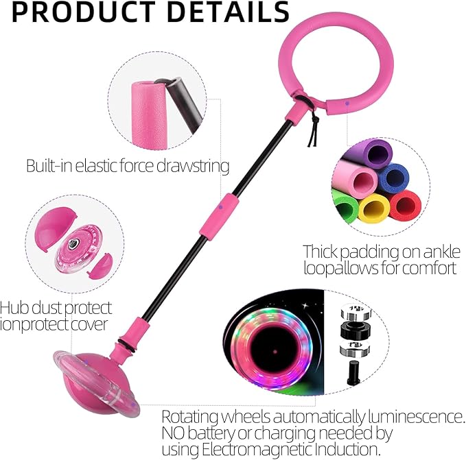 Blackma Ankle Skip Ball for Kids - Portable Foldable Colorful Flash Wheel Swing Ball, Outside Game Toys for Kids Indoor & Outdoor, Birthday Gift for Boys & Girls Age 5 6 7 8 9 10 Years Old (Pink)