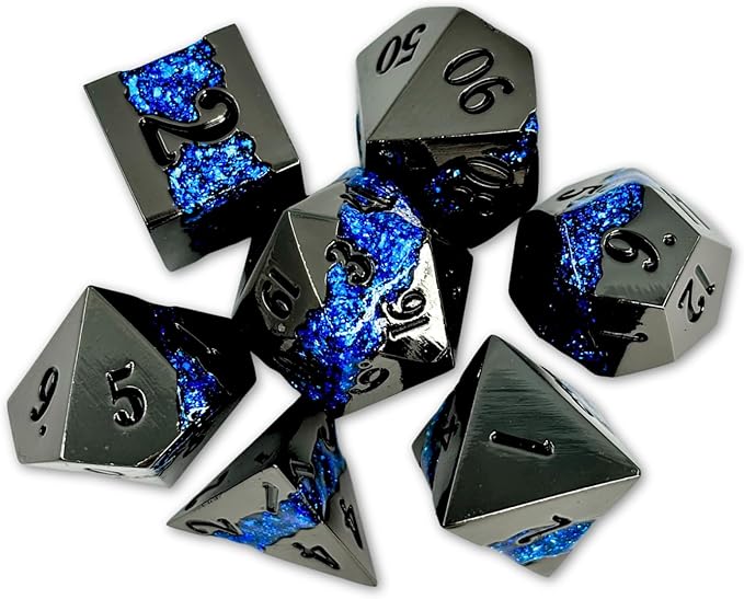 Sage's Portal Metal Riftstone DND Dice 7-PC Polyhedral Dice Set for DND TTRPG Dungeons and Dragons Pathfinder Oversized Designer Dice (Gloss Black/Blue)