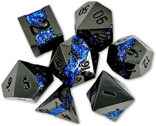 Sage's Portal Metal Riftstone DND Dice 7-PC Polyhedral Dice Set for DND TTRPG Dungeons and Dragons Pathfinder Oversized Designer Dice (Gloss Black/Blue)