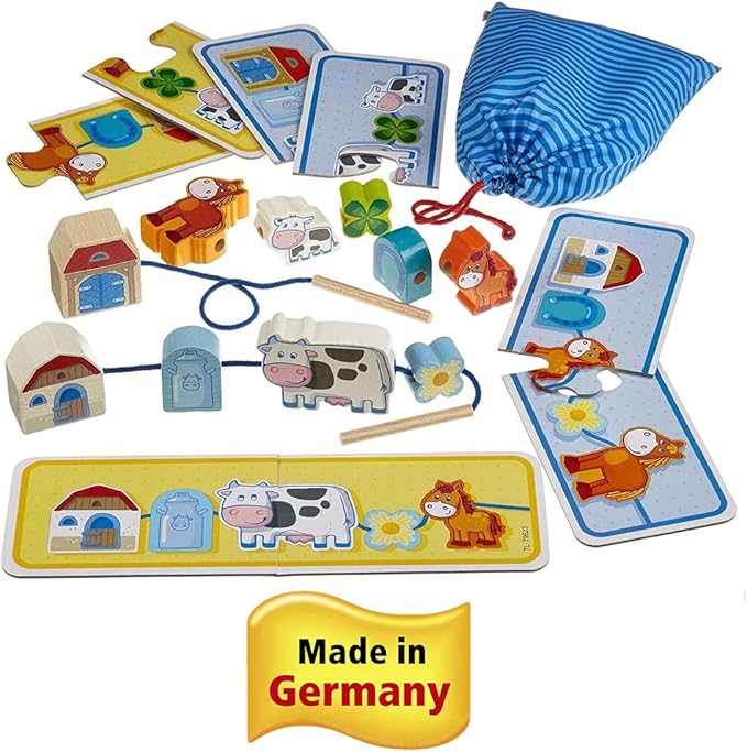 HABA On The Farm Wooden Lacing Toy & Fine Motor Skills Threading Game for Toddlers, Preschool Learning Toy for Ages 18 Months & Up with Wooden Lacing Figures & Templates – Made in Germany