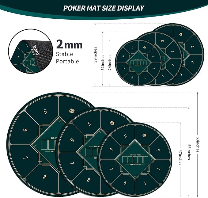 nuveti 24/31/47/55/63inch Round Poker Mat for Texas Holdem | Portable Poker Table Top with Art Deco Layout Print 6-8 Player Game Layout Mat to Play Cards, Poker Games, Blackjack, Casino