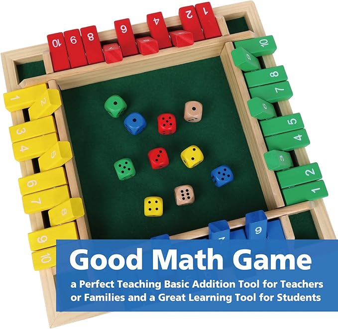 GOTHINK Shut The Box Dice Game, 2-4 Player 11.5-inch Wooden Board Table Math Game with 10 Dices - Math & Decision Skills for Adults/Kids, Perfect for Home Class Parties & Pubs - Classic Tabletop Fun