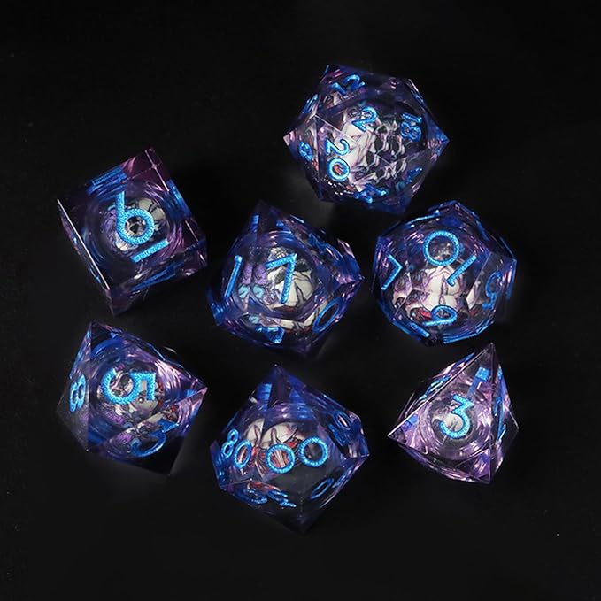 7pcs Skull Resin DND Dice Set Sharp Edged Polyhedral RPG Dice for Dungeons and Dragons, Dragon Eye Gift Bag (Mauve Blue)
