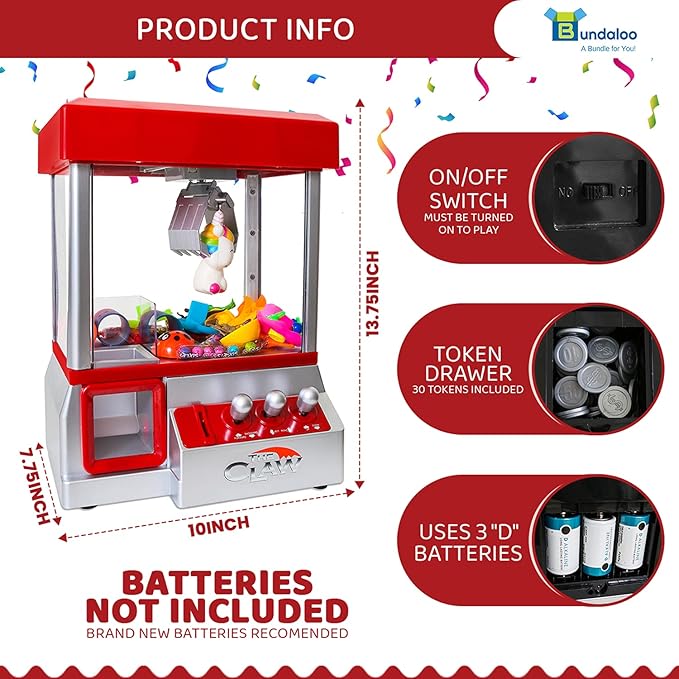 Bundaloo Claw Machine Arcade Game with Sound, Cool Fun Mini Candy Grabber Prize Dispenser Vending Toy for Kids, Boys & Girls
