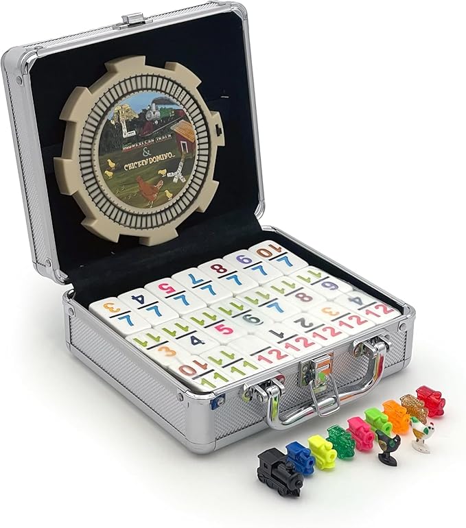 CHH Mexican Train & Chicken Domino Set – Professional Set of 91 Double 12 Dominoes Aluminum Case – Interactive Hub with Sounds