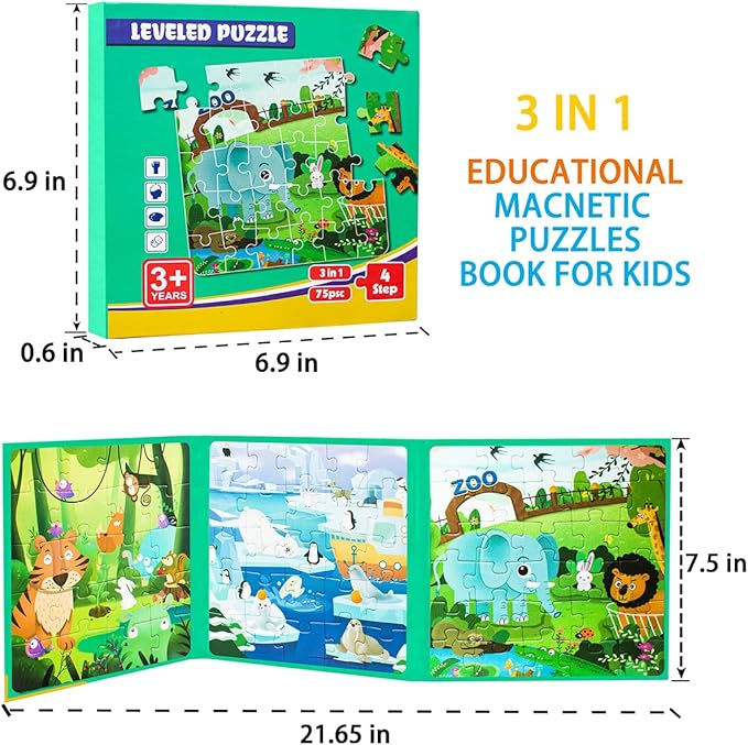 Magnetic Puzzles for Kids Ages 3-5, 3 in 1 Animal Magnet Jigsaw Puzzle Book for Toddlers, Car Airplane Road Trip Activities Toys for 3 4 5 6 Year Old Girls Birthday (Animal)