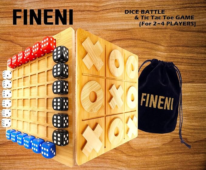 Dice Battle and TicTacToe Dual Sides Board Games, Wooden Coffee Table Games for Adults, 2~4 Player Bar Dice Games, Indoor Tabletop Game & 4 Players Wood Table Top Dice Game (Dual(2~4)/Log)