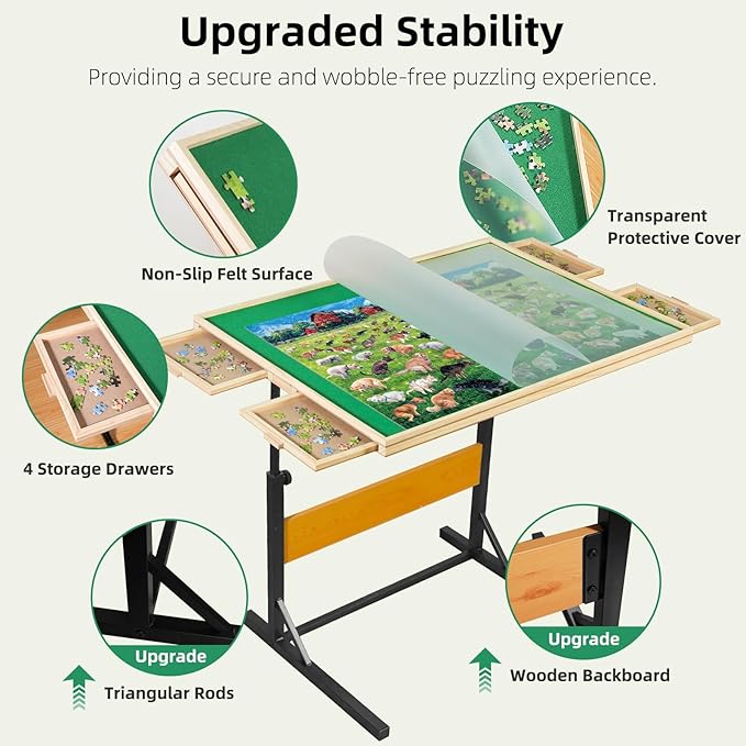 ALL4JIG 2000 Piece Jigsaw Puzzle Table with Legs,Wooden Jigsaw Puzzle Table with 4 Drawers & Cover,360°Rotating for Easy Access,Adjustable Angle & Height Adjustment