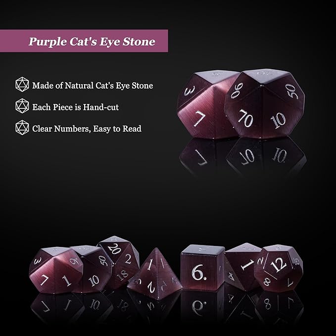 UDIXI Natural Gemstone Dice Set, 7PCS Crystal DND Dice for Dungeons and Dragons, Handmade Stone Dice for Table Games (Purple Cat's Eye)