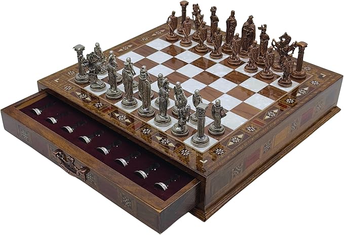 15’’ Handmade Chess Set with British Army Metal Chess Pieces, Luxury Storage Chess Board, for All Ages, Ideal for Father, (Walnut)