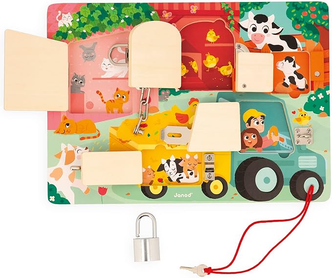 Janod J07119 Farm Padlock Activity Board with 5 Opening Types of Wooden Toys, FSC- from 3 Years, Multi-Coloured