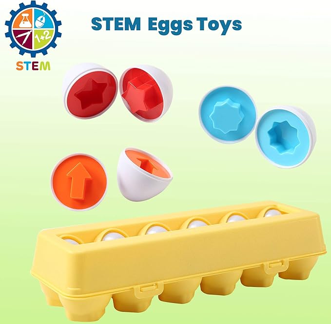 Dimple Fun Easter Egg Matching Toy Set (12 Eggs) - Toddler STEM Easter Basket Stuffers, Shape Recognition & Color Sorting Toys, Educational Easter Eggs for Kids, Play Egg Puzzle Set