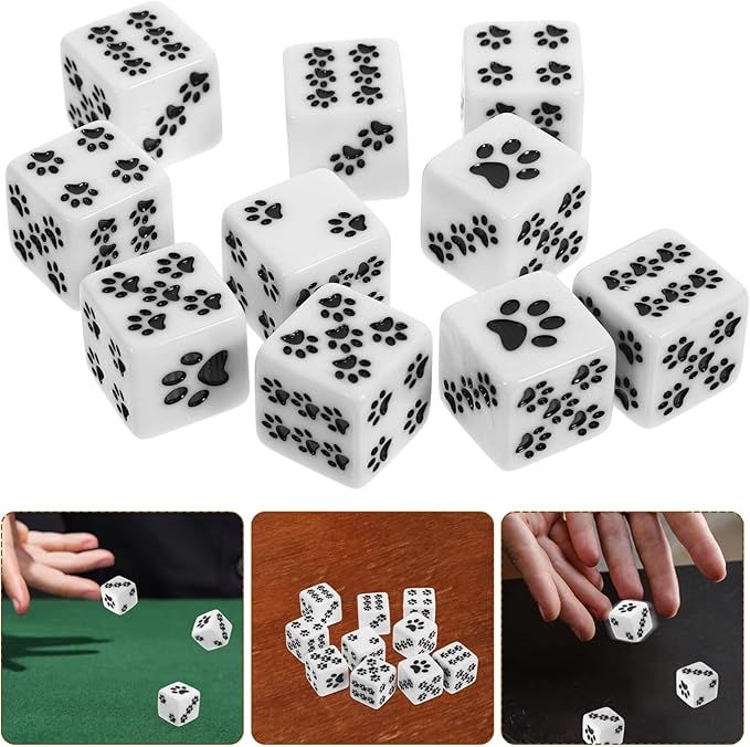 10pcs D6 Dice Set, Dogs Paw 6 Sides Standard Dice 6 Sided Dice Party Supplies for Wow Tabletop Games 16mm, White, QI1014P7R183OAY0
