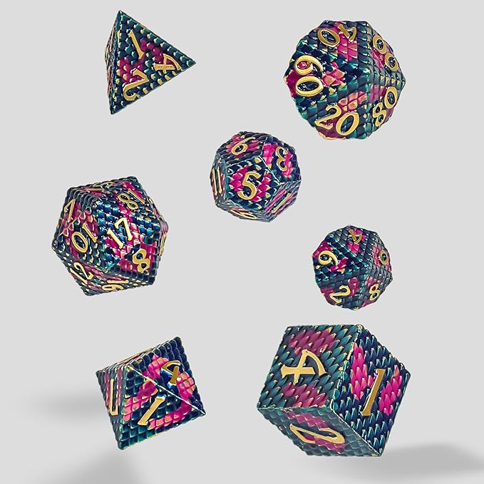 Metal DND Dice Set,Colorful Dragon Scales DND Dice 7-pcs Metal Polyhedral Dice Set for Dungeons and Dragons RPG MTG Table Games
