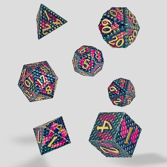 Metal DND Dice Set,Colorful Dragon Scales DND Dice 7-pcs Metal Polyhedral Dice Set for Dungeons and Dragons RPG MTG Table Games