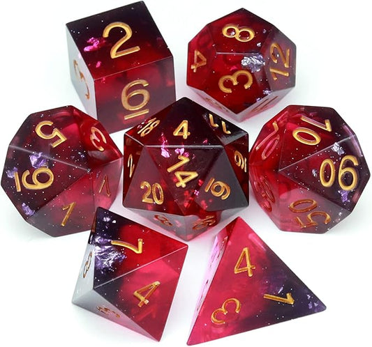 Haxtec Sharp Edge DND Dice Set Purple Red Resin Dice Silver Flakes D&D Dice for RPG Role Playing Games Dungeons and Dragons Gift War Series