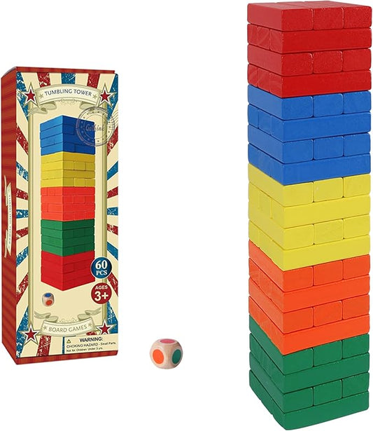 GOTHINK Tumble Tower Game for Kids and Adults, 60pcs Wooden Stacking Board Games Building Blocks for Kids and Family Games Night, Colorful Wood Balancing Blocks Game