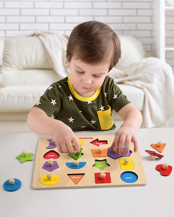 Coogam Montessori Toy Wooden Shape Peg Puzzle, Fine Motor Color Matching Sorting Board, Early Learning Educational Activity Toy Gift for Preschool Toddler Baby 3 4 5 Year Old