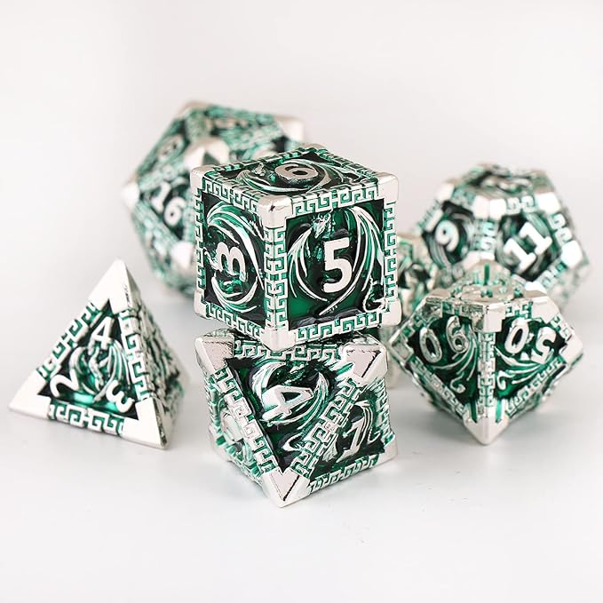 DND Dice Metal Dragon Set,Unique Dragon Design Dice with Gift Dice Bag for Dungeons & Dragon Games,Magic The Gathering,D and D D&D Dice Set (Silver Green)