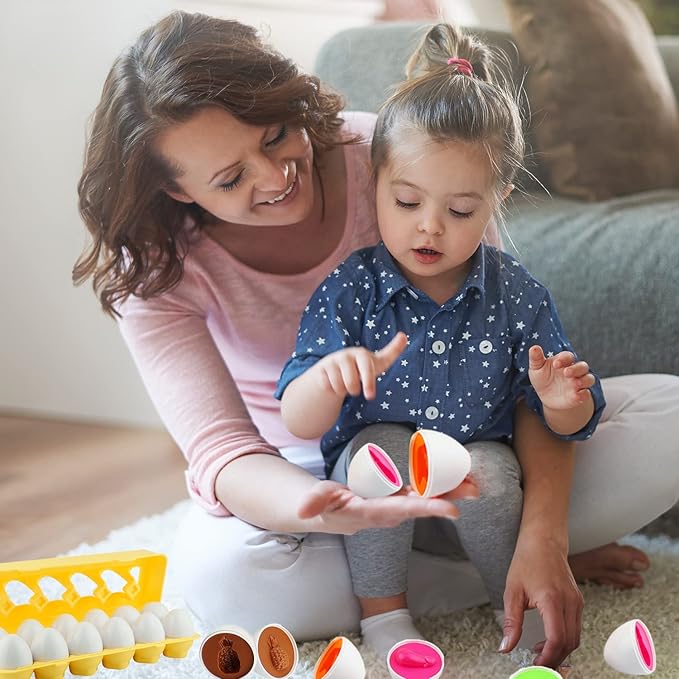 Dimple 12 PCS Vegetable Egg Matching Toy with Holder – STEM Easter Eggs, Educational Shape & Color Sorting Puzzle, Plastic Easter Eggs, Baby Easter Basket Stuffers, Easter Gifts for Kids