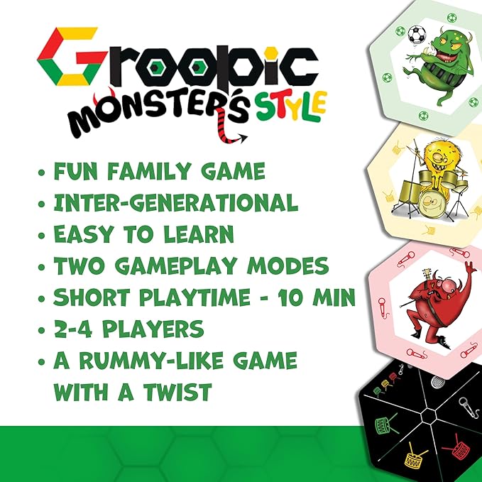Groopic Monster's Style - A Fun Twist on The Beloved Rummy Game. Board Games for Family Night, Card Games for Kids 8-12, Innovative Rummy Card Game Set, Tile Games for Families, Ages 8+