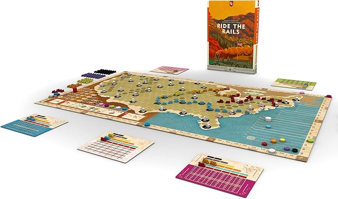 Ride The Rails, Core Strategy Board Game, 3 to 5 Players, 1 Page of Rules, Quick 60 Minute Play Time, Ages 14 and Up